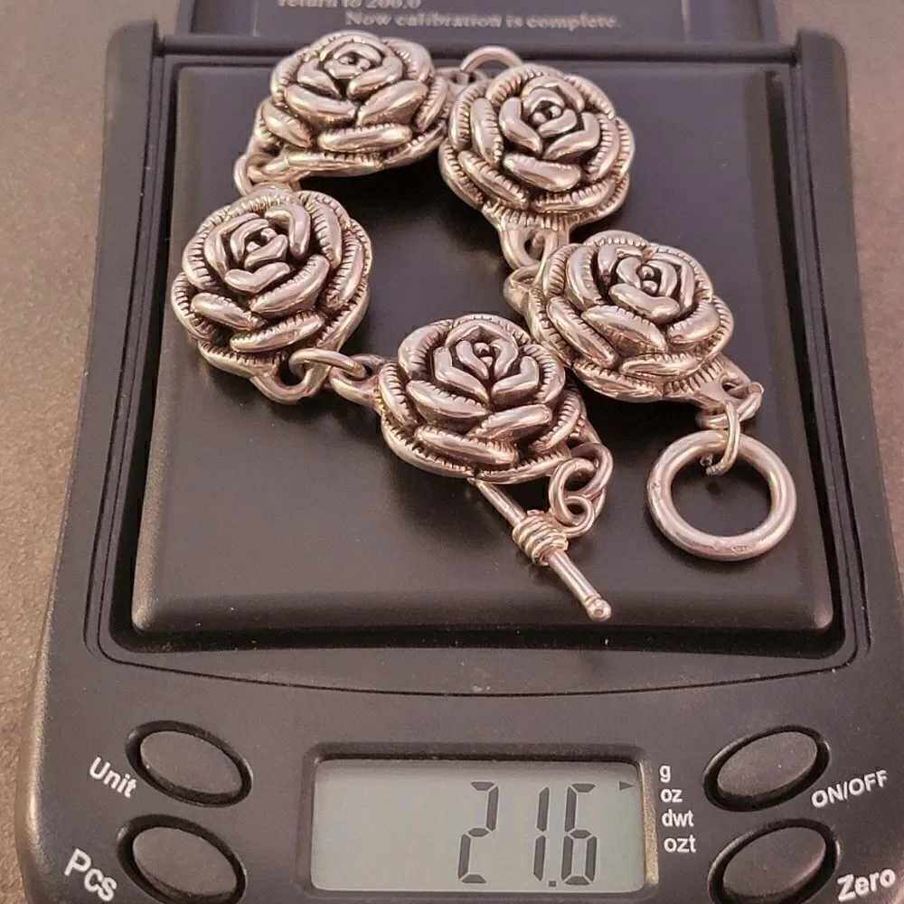 Vintage Sterling 3D Rose Flower Design Link Bracelet